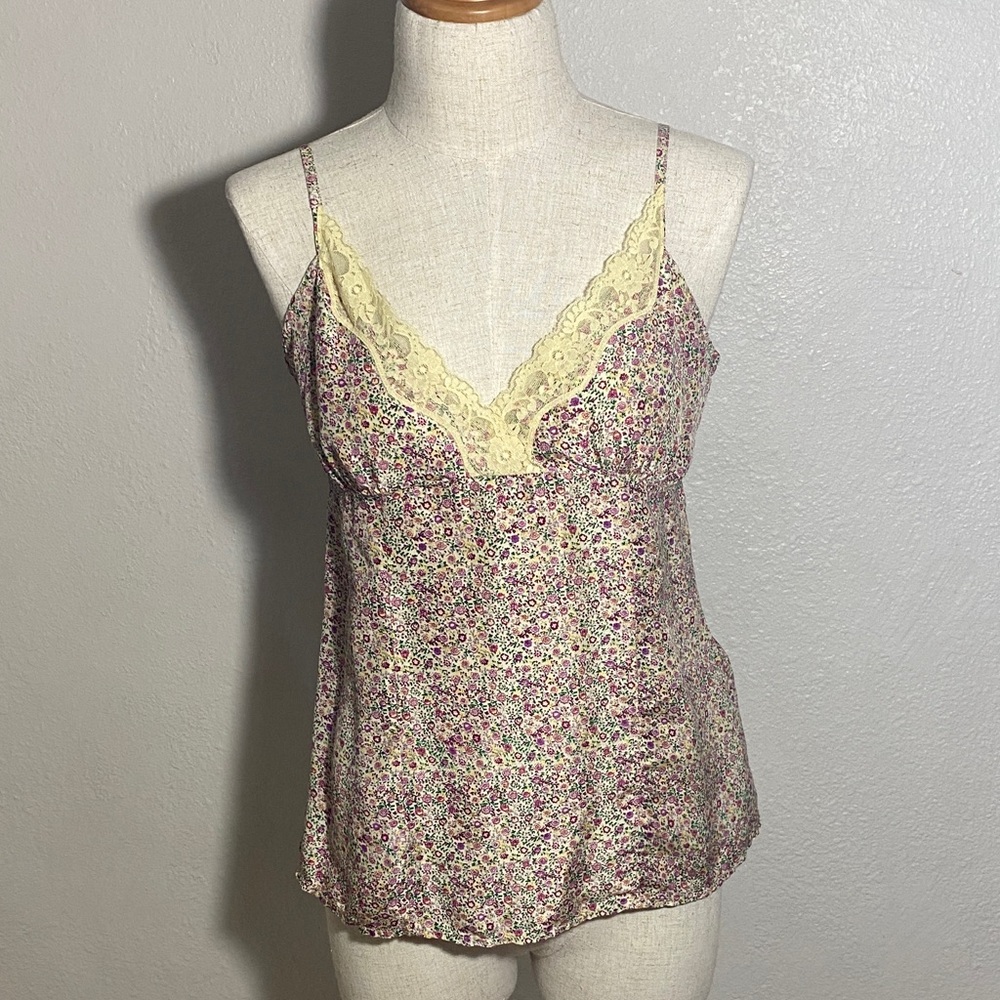 Vintage American Rag SILK Cami Top Floral Romantic Lace Trim Babydoll Y2K Size M